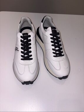 Karl Lagerfeld White and Black Low-Top Leather Sneakers